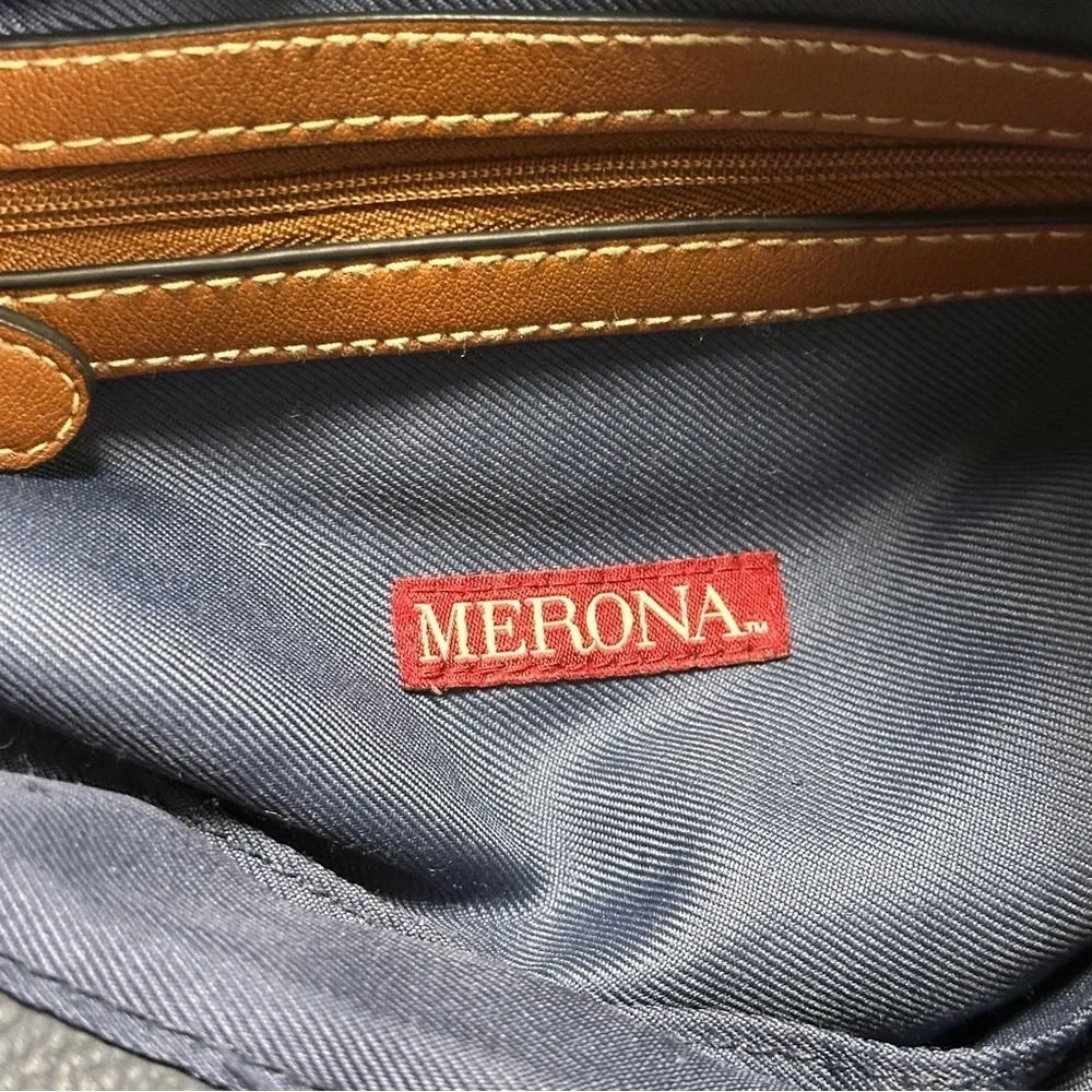 Merona Dark Blue Tan Brown Faux Leather Shoulder Bag Purse Handbag Classic